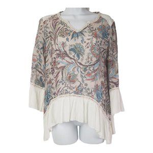 Lori and Mari Top Size M Floral Print V-Neck Blouse Aztec Boho Bell Sleeve
